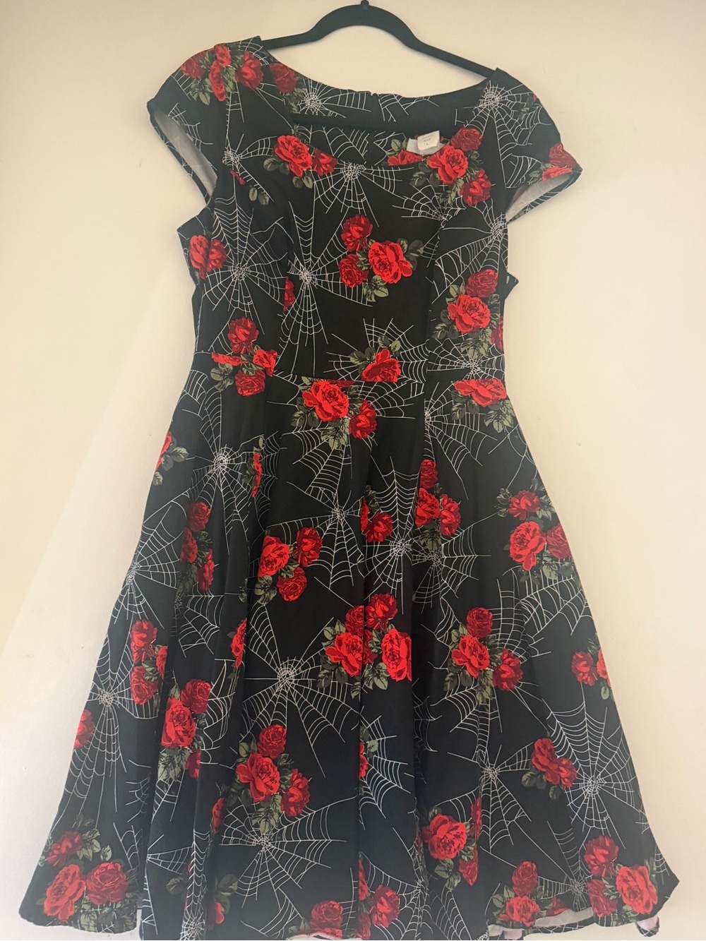 Black Fit-and-Flare Dress with Red Rose & White Spiderweb Print